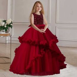 Girl's Dresses Girls long wedding party dress fluffy mesh Princess bubble sleeve Eucharist banquet first Sequin Beaded ball party dress Y240514