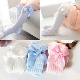Kids Socks 3 pairs of white pink and blue baby hot selling summer hose bow mosquito proof knee socksL2405