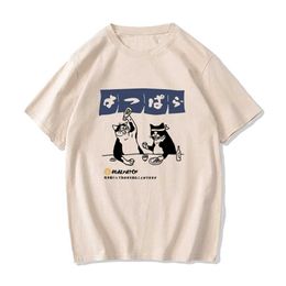 Men's T-Shirts Japan Harajuku Fun Beverage Cat T-shirt Mens/Womens Street Clothing Cotton Summer Cartoon Unisex Hip Hop Top Q240514