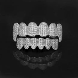 Grills Highquality New MicroZircon Solid Gold Plated HipHop Hooded Full Diamond Top & Bottom Teeth Grillz Body Jewelry Halloween