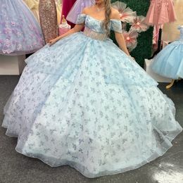 Sparkly Sky Blue Quinceanera Dress Off The Shoulder Ball Gown Beading Tull Mexico Corset Sweet 16 Vestidos De 15 Anos