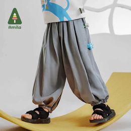 Trousers Amila 2024 Summer New Boys Bottom Loose Cinch Pants Cool Breathable Comfortable Solid Color Pants 0-6YL2405