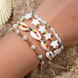 Strand 4Pcs Copper Beads Imitation Pearl Shell Bracelet Bead Braided Women Summer Ocean Vacation Style Handmade Jewelry