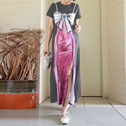 Casual Dresses Chic Bow Print Dress Women Creative Devise Split Short Sleeve Summer Fashion Skinny Stretch Bodycon Hottie Clubwear