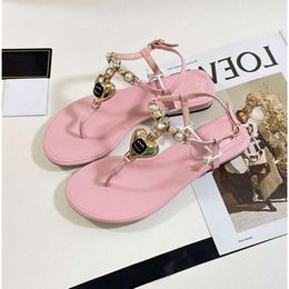 Paris New Brand Designer Summer Fashion Versatile C Love Pearl Buckle Women Flip Flops Flat Sandals Womens Slipper Channel Female Beach Shoes 41 s hannel