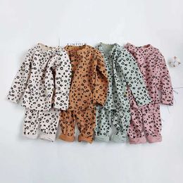 Pajamas Spring and Autumn Baby Pajama Set 18M-8yrs Childrens Printed Leopard Pajama Lounge Clothing Cotton Girls Evening Dress d240515