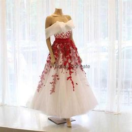 Vintage Design White and Red Wedding Dresses Big Bow Off Shoulder Floral Lace Bridal Gowns Ankle Length vestido de noiva2044