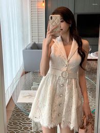 Party Dresses Harajpee French Pearl Button Women Summer Elegance Waist Wrapped Lace Dress Neck Hanging Off Shoulder Fairy Vestido