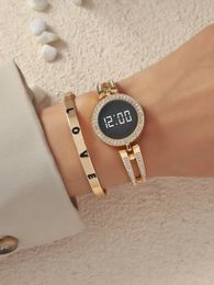 A Womens Gold Fashion Digital Watch With Rhinestones And A Love Bracelet. For Daily Life 240515