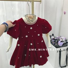 Clothing Sets Pearl Warm Fleece 2024 Autumn Winter Children Party Dress Girls Christmas Short Sleeve Toddler Princess Kids Wear For 1-10Y