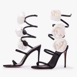 10CM 2024 Leather Sandals Sheepskin Satin Stiletto High Heels Diamond Summer Narrow Band One Line Peep-toe Open Toes Slipper 3D Flower Begie Bottom Size 34-43 d d271 271