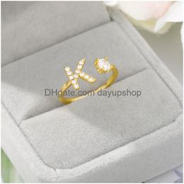 Jewelry A-Z Letter Initial Name Alphabet Ring Adjustable Opening Gold Color Stainless Steel Iced Out Cz Rings Female Party Gift Drop D Ot4Bv