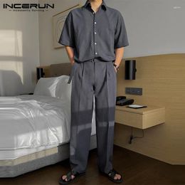 Men's Tracksuits Handsome Men Sets INCERUN 2024 Solid Short Sleeved Shirts Long Pants Casual Streetwear Male Selling Two-piece S-5XL