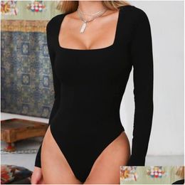 Grundlegende lässige Kleider Drop Vorreefair Sexy Bodycon BodySuit Langarm Square Halshülle Schwarze Overalls Frauen Körper Streetwear Dhggx