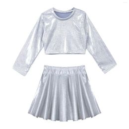 Clothing Sets Kids Girls Jazz Dance Costume Hip-hop Streetwear Sparkling Long Sleeve Crop Top T-shirt Pleated Skirt Set For Party