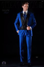 Men's Suits 2024 High Quality Royal Blue Satin Men Suit Double Breasted Business Blazer Custom Slim Fit 3 Piece Italian Tuxedo Costume Homme