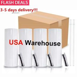 US CA Warehouse 20oz Sublimation Straight with Straw Rubber Sole Stainless Steel Tumbler Coffee Water Bottle Shiny Cup 0516