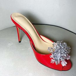 women Ladies 2024 Genuine real leather syiletto high heels summer sandals bead 3D flower Flip-flops slipper slip-on wedding dress party shoes diamond 34-43 3 f8a3 f8a