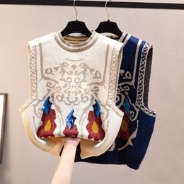 Women Vintage Totem Flower Pattern Sleeveless Knitted Vest Sweater Female Retro National Style Casual Autumn WaistCoat 240513