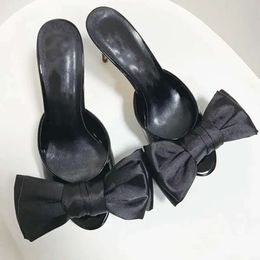 Ladies 2024 women real leather 8CM stiletto high heels sandals silk satin summer Flip-flops slipper slip-on dress shoes 3D bow tie black 7294