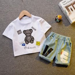 Clothing Sets Cartoon Cute Bear T-shirt Suit For Boys And Girls Clothes Summer Korean Jean Set Children's Tracksuit Kids Tees Shorts 2pcs