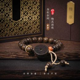 Dark Wood Round Beads Hand String New Chinese Style China-Chic Mountain Ghost Money Card Bracelet for Men and Women