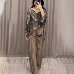 Women's Pants Casual V-neck Print Shirt And Wide-Leg Set Summer Women Long Sleeved Wide Legged Loose Two Piece