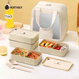 WORTHBUY Portable Lunch Box Microwave Safe Plastic Bento With Compartments Sauce Stackable Salad Fruit Food Container 240514