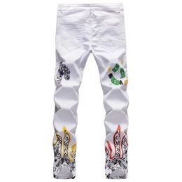 Men's Jeans White Pants Men Skinny Fit Digital Printed Denim Graphic Pattern Stretched Males Jeans T240515