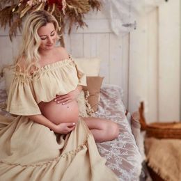 Women's Boho Two-Pieces Set Maternity Dresses For Photo Shoot Comfortable Linen Cotton Vintage Top And Skirt Pregnancy Clothing
