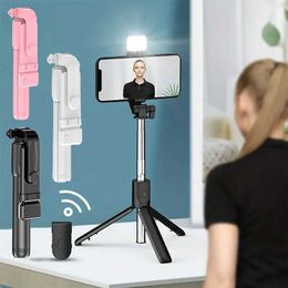 Selfie Monopods Portable Bluetooth selfie stick tripod with remote control shutter fill light expandable wireless remote control phone holderB240515