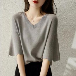 Women's Sweaters Summer Knitting Shirt Female Casual V-neck Top Loose Half Sleeve Ice Silk Sweater Thin Style Fashion Q918
