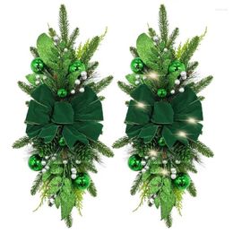 Decorative Flowers Battery Operated Artificial Pine Leaf Christmas Garland 2Ft Faux Cones Green Balls Simulated Pearls For Indoor Outdoor