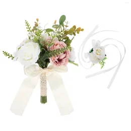 Decorative Flowers 2 Pcs Holding Bouquet Bridesmaid Bouquets Wedding Wristband Silk Prom