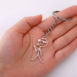 Cool Smoking Wearing Glasses Stickman Keychain Funny Trend Stainless Steel School Bag Car Key Pendant Trinket Keyrings