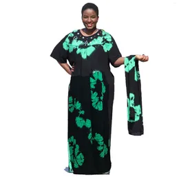 Ethnic Clothing Short Sleeve Cotton Fashion Ladies African Tie Die Summer Batik Dress Green SAMIRAA With Head Scarf Coverchief