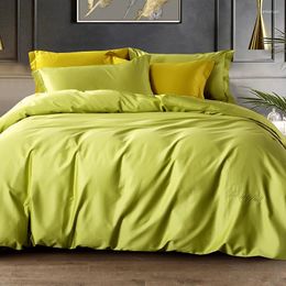 Bedding Sets Green Cotton Embroidery Satin Flat Ruffles Sheet Duvet Cover Pillowcases Soft Double Solid Colour Bedclothes Set