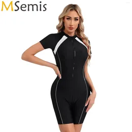 Women's Swimwear Womens One-piece Athletic Swimsuit Short Sleeve Padded Boyleg Zipper Water Sport UPF 50 Rash Guard Surfing Bathing Suit