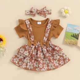 Clothing Sets CitgeeSummer Infant Baby Girls Outfits Solid Colour Ribbed Short Sleeve Romper Floral Print Suspender Skirt And Heaband Set