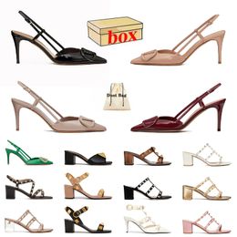 New Fashion Sexy High Heels Sandals Famous Designer Women Rivet Pointed With Box Slide Luxury Lady Platform Leather Wedges Block Heel Pumps Loafers Red Blue Slippers