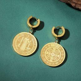 Catholic Saint Benedict Medallion Pendant Drop Hoop Earrings Stainless Steel Women Girls Vintage Jewellery Gifts Wholesale