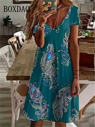 Basic Casual Dresses 2023 V-Neck Ladies Summer Short Slve Womens New Dress Summer Pullover Fashion Plus-Size Dress Casual Loose Print Party Dress Y240515