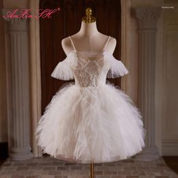 Party Dresses AnXin SH Luxury Princess White Flower Lace Spaghetti Strap Beading Crystal Ruffles Short Evening Dress Little
