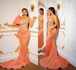 Plus Size Aso Ebi Prom Dresses Promdress Illusion Mermaid Evening Dress Crystals Beaded Lace Birthday Party Dress Second Reception Gowns for Black Girls