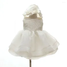 Girl Dresses Puffy Baby Baptism Birthday Kids' Christening Dress With Hat Infant White Clothing