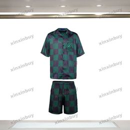 xinxinbuy Men designer Tee t shirt 2024 Italy Chessboard grid printing silk fabric sets short sleeve cotton women black blue Khaki Apricot green XS-L