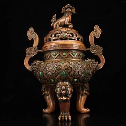 Decorative Figurines 15"Tibetan Temple Collection Old Bronze Mosaic Gem Ruyi Lion Statue Animal Feet Incense Burner Gather Fortune Town