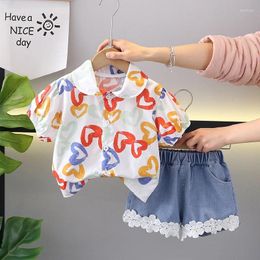 Clothing Sets Western Baby Girl Boutique 2024 Korean Heart Printed Turn-down Collar Short Sleeve Shirts And Shorts Girls Outfit Set