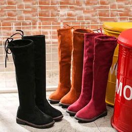 Boots Children Knee-high Casual Flat Soft Stretch Flock Chunky Platform Long Princess Girls Winter Autumn Black Botas