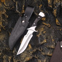 High Quality Survival Straight Knife 8Cr13Mov Satin Drop Point Blade Full Tang Wood Handle Outdoor Fixed Blade Hunting Knives With Leather Sheath